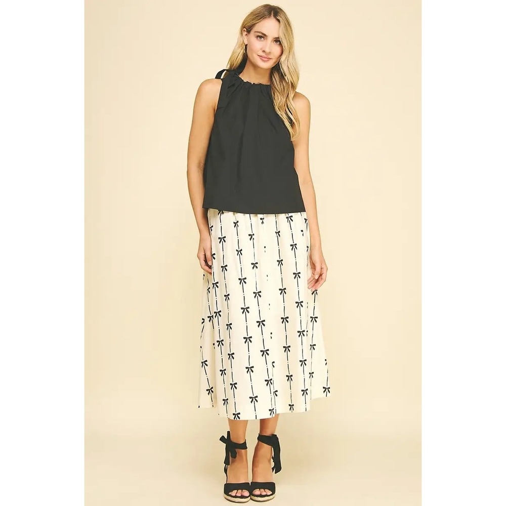 PINCH Ribbon Print Midi Skirt Womens Small Cream Black Bows 5856S Cotton A-Line